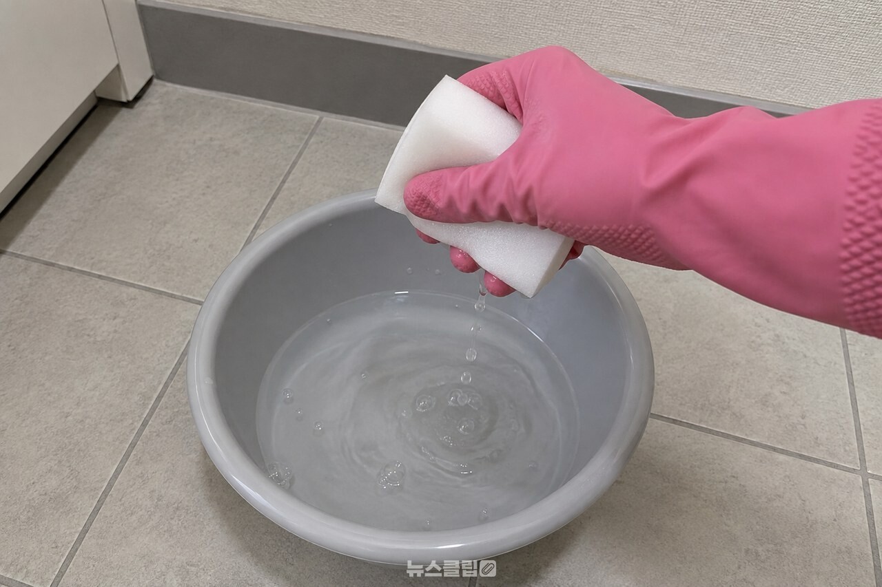물에 적신 멜라민 스펀지를 대야 위에서 가볍게 짜는 모습 / 기사 이해를 돕기 위한 생성형 이미지