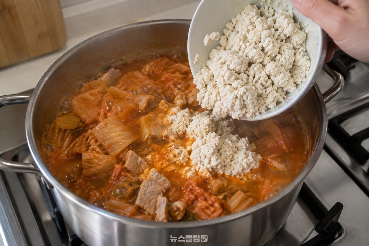 김치와 고기가 끓는 육수에 콩비지를 더하는 모습 / 기사 이해를 돕기 위한 생성형 이미지