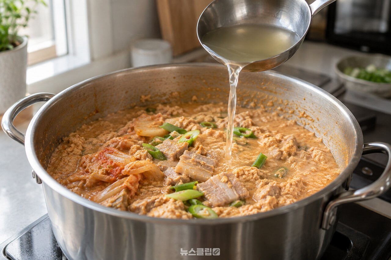 걸쭉한 콩비지찌개에 육수를 조금씩 보충하는 모습 / 기사 이해를 돕기 위한 생성형 이미지