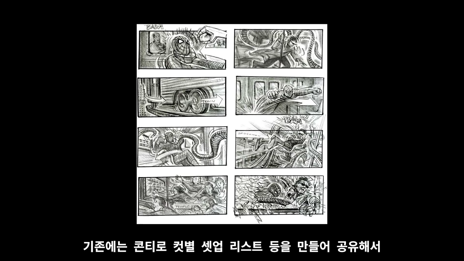 스파이더맨 캐릭터의 액션 장면들이 8개의 칸으로 나뉘어 그려진 흑백 콘티지.