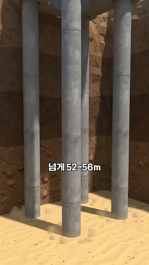 단단한 모래층에 박혀 있는 여러 개의 원통형 콘크리트 말뚝을 아래에서 위로 올려다보는 단면도 그래픽