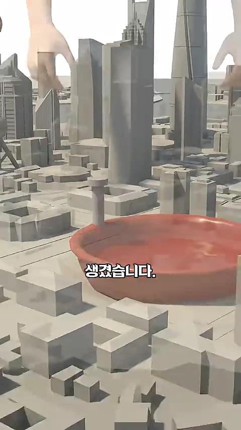 3D 그래픽으로 구현된 도심 풍경 위로 거대한 사람의 손이 건물들을 만지고 있고 아래에는 붉은색의 움푹 파인 원형 지형이 강조된 모습.