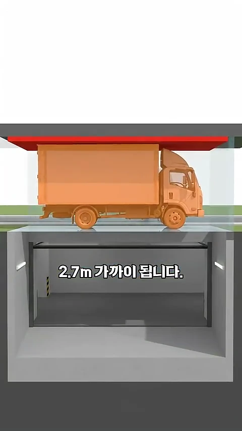 지하주차장 입구에 진입하려는 택배 탑차의 높이와 천장 구조물을 보여주는 3D 그래픽 영상 화면.