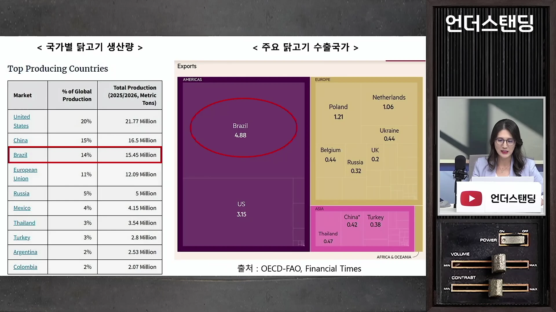 화면 좌측에는 국가별 닭고기 생산량 표가, 중앙에는 국가별 닭고기 수출량을 보여주는 트리맵 차트가 나타나 있고, 화면 우측 하단에는 발표자가 앉아 있는 모습이 보입니다.