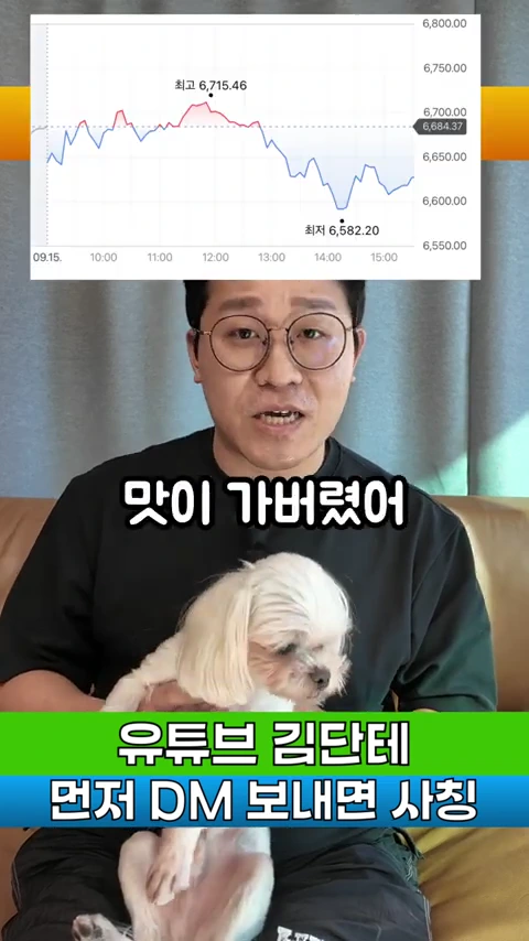 안경을 쓴 남성이 강아지를 안고 있고, 그 위로 주식 시장 그래프가 표시된 화면.