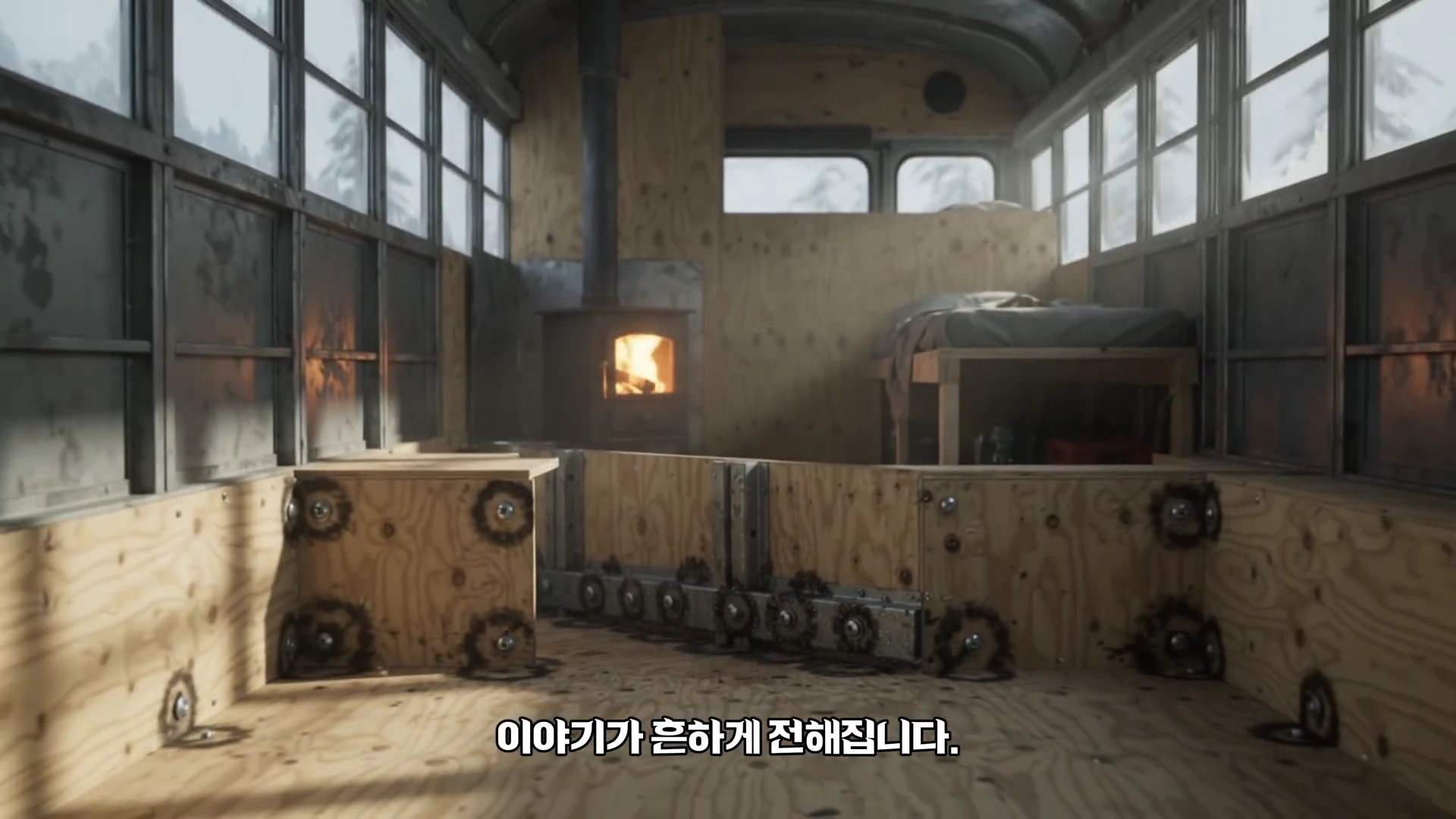 나무 합판으로 개조된 버스 내부의 모습으로, 곳곳의 나사 주변에 곰팡이가 검게 피어 있고 한쪽에는 벽난로가 놓여 있다.