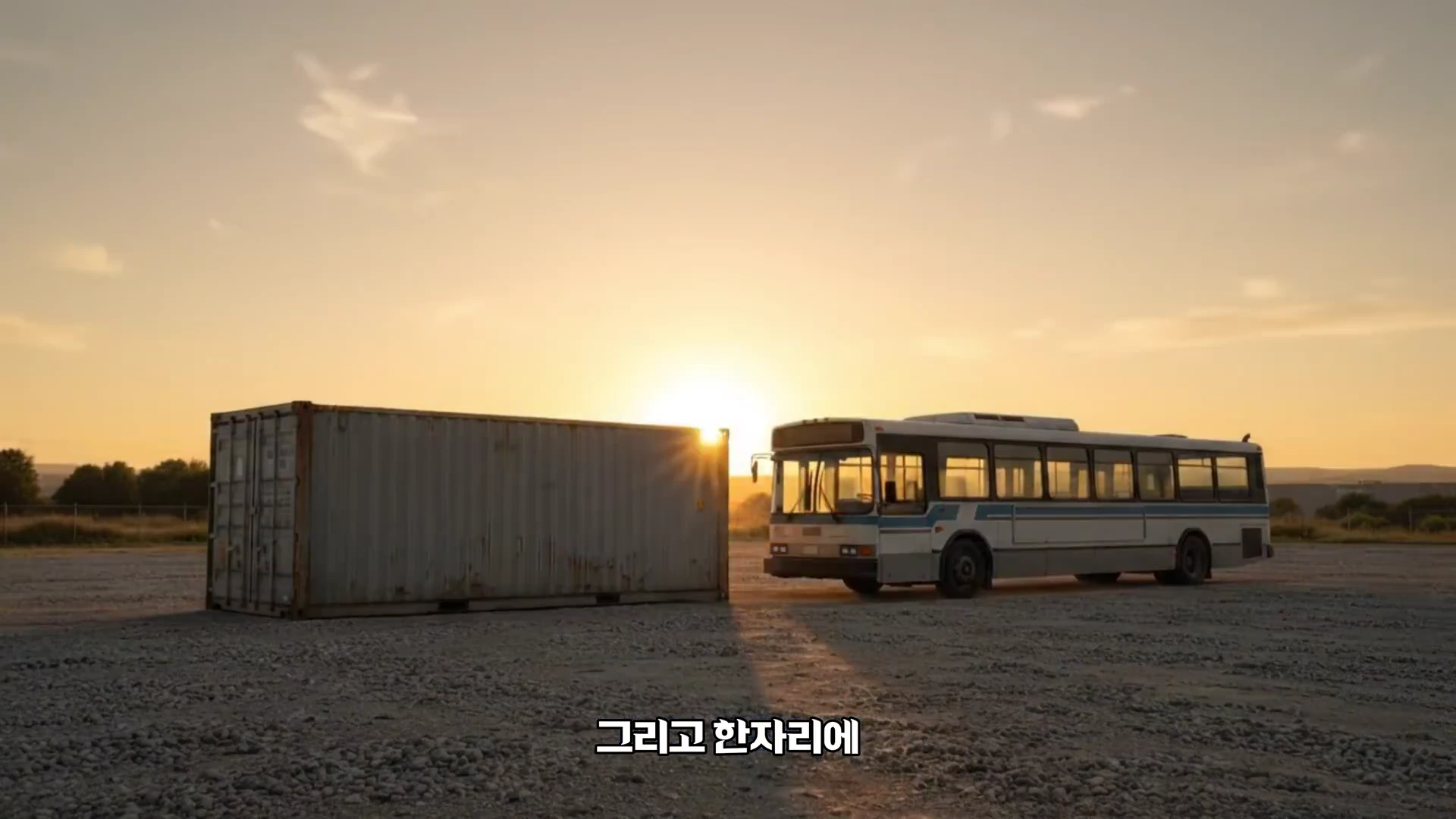 노을이 지는 황량한 공터에 컨테이너 박스와 버스가 나란히 세워져 있고, 화면 하단에는 '그리고 한자리에'라는 자막이 표시되어 있습니다.