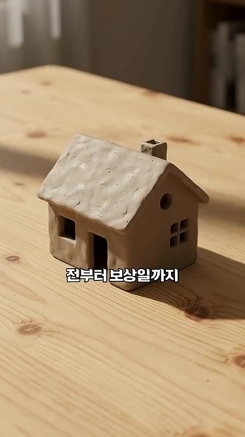 나무 탁자 위에 놓인 작고 질감이 거친 미니어처 집 모형으로, 중앙에는 '전부터 보상일까지'라는 자막이 떠 있습니다.