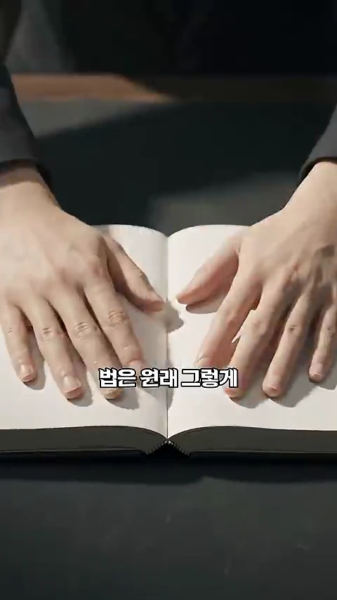 두 손을 펼쳐 책 위에 올려놓은 모습과 '법은 원래 그렇게'라는 자막이 화면 중앙에 나타나 있습니다.