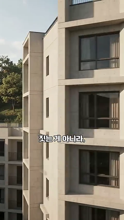 햇빛을 받는 현대적인 콘크리트 외관의 아파트 건물 측면 모습.