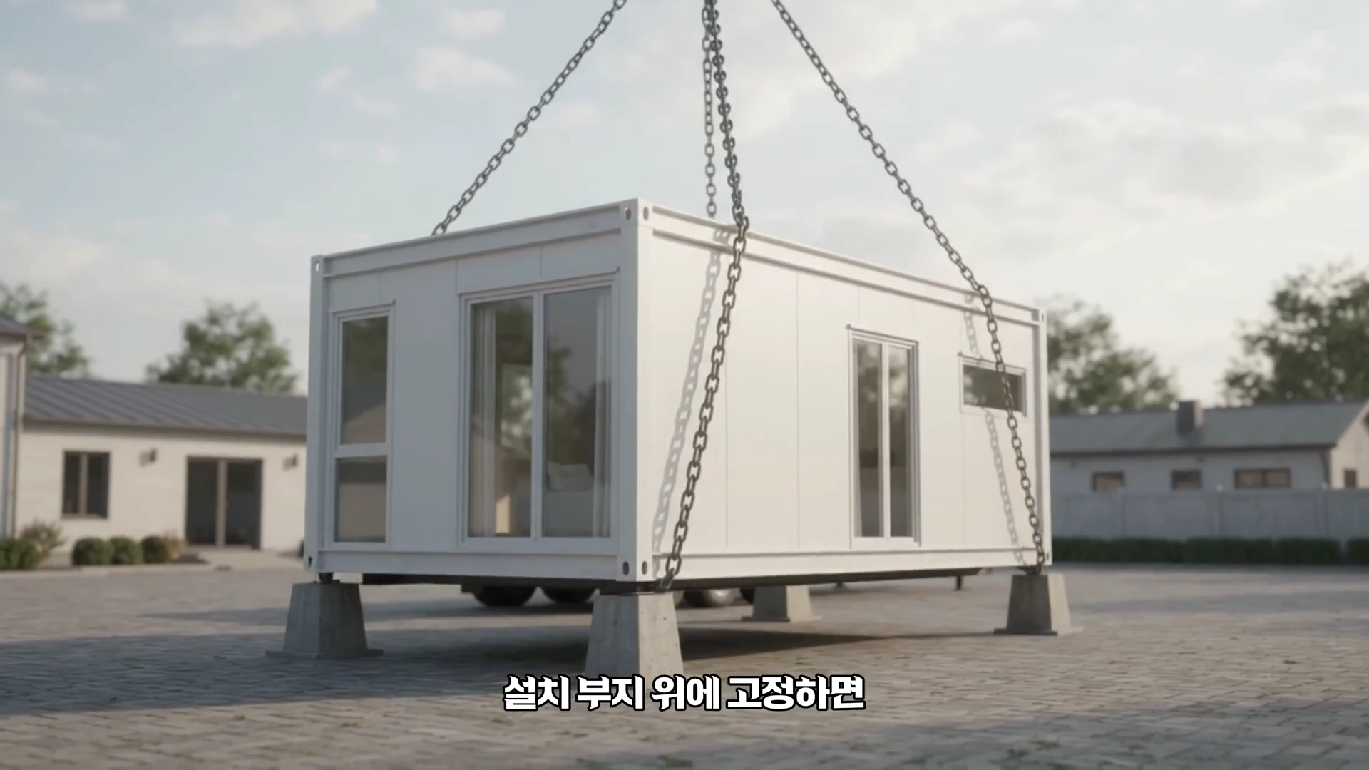 하얀색 컨테이너 형태의 모듈러 주택이 체인에 매달려 공중에 떠 있는 모습