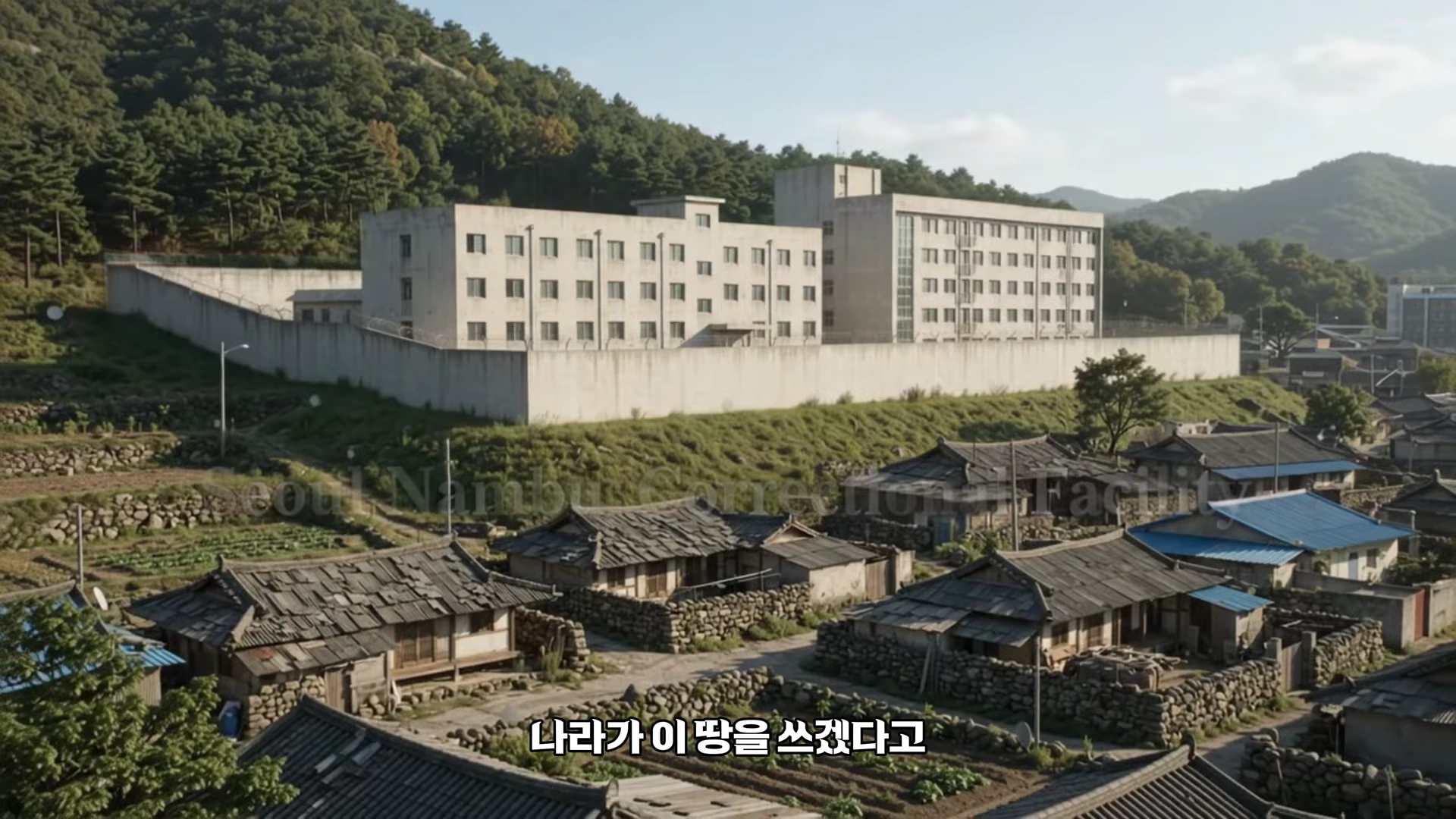 산 아래 자리 잡은 교도소 건물과 높은 담장, 그리고 그 주변에 밀집한 낮은 기와집들이 내려다보이는 풍경.