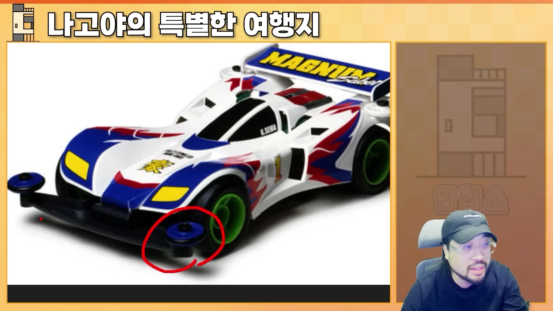 흰색과 파란색이 섞인 경주용 미니카 사진이 화면에 나오고, 오른쪽 하단에 검은색 모자를 쓴 남성이 인터뷰하는 모습이 담긴 영상 캡처 화면입니다. 미니카의 앞바퀴 쪽 보조 바퀴가 빨간색 원으로 강조되어 있습니다.