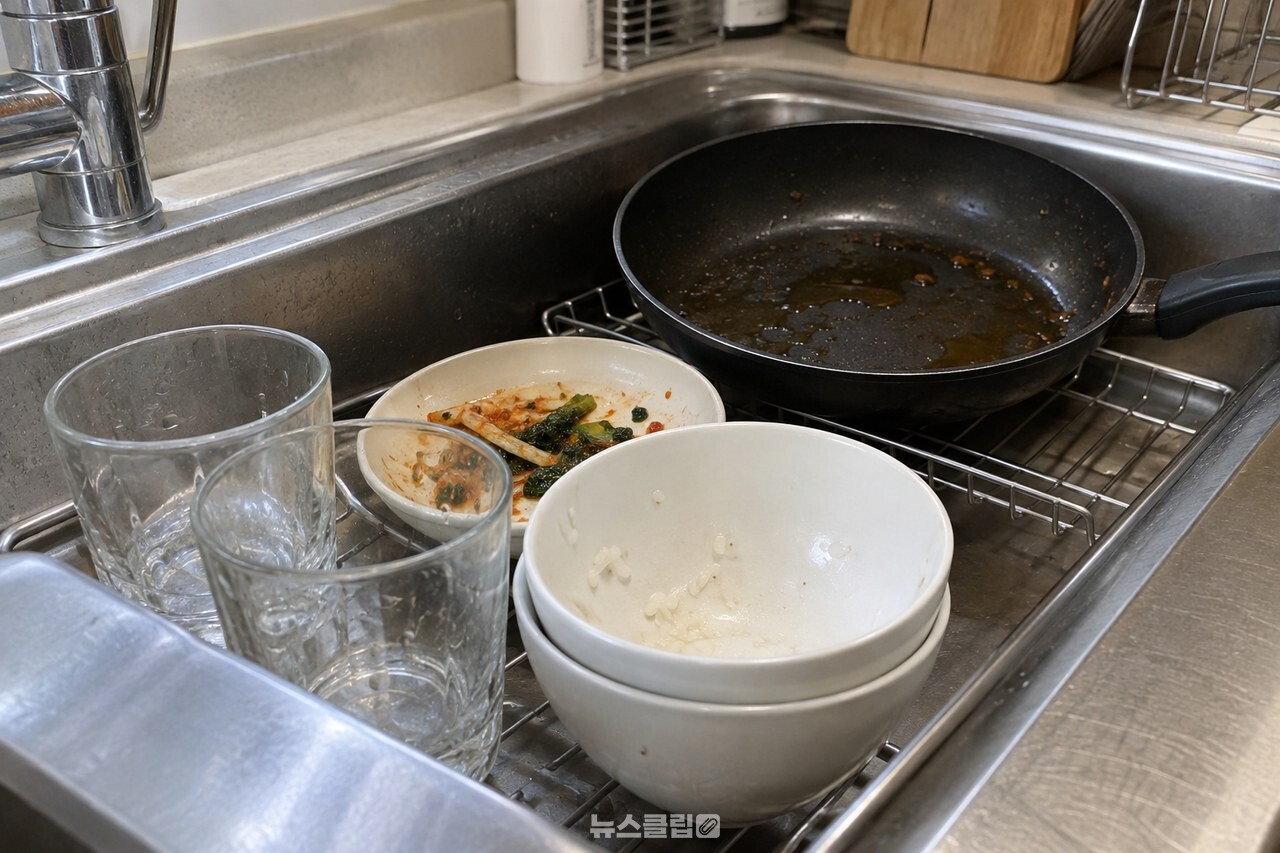 오염도가 낮은 유리컵과 밥그릇을 앞에, 기름기 남은 프라이팬을 따로 둔 개수대 / 기사 이해를 돕기 위한 생성형 이미지