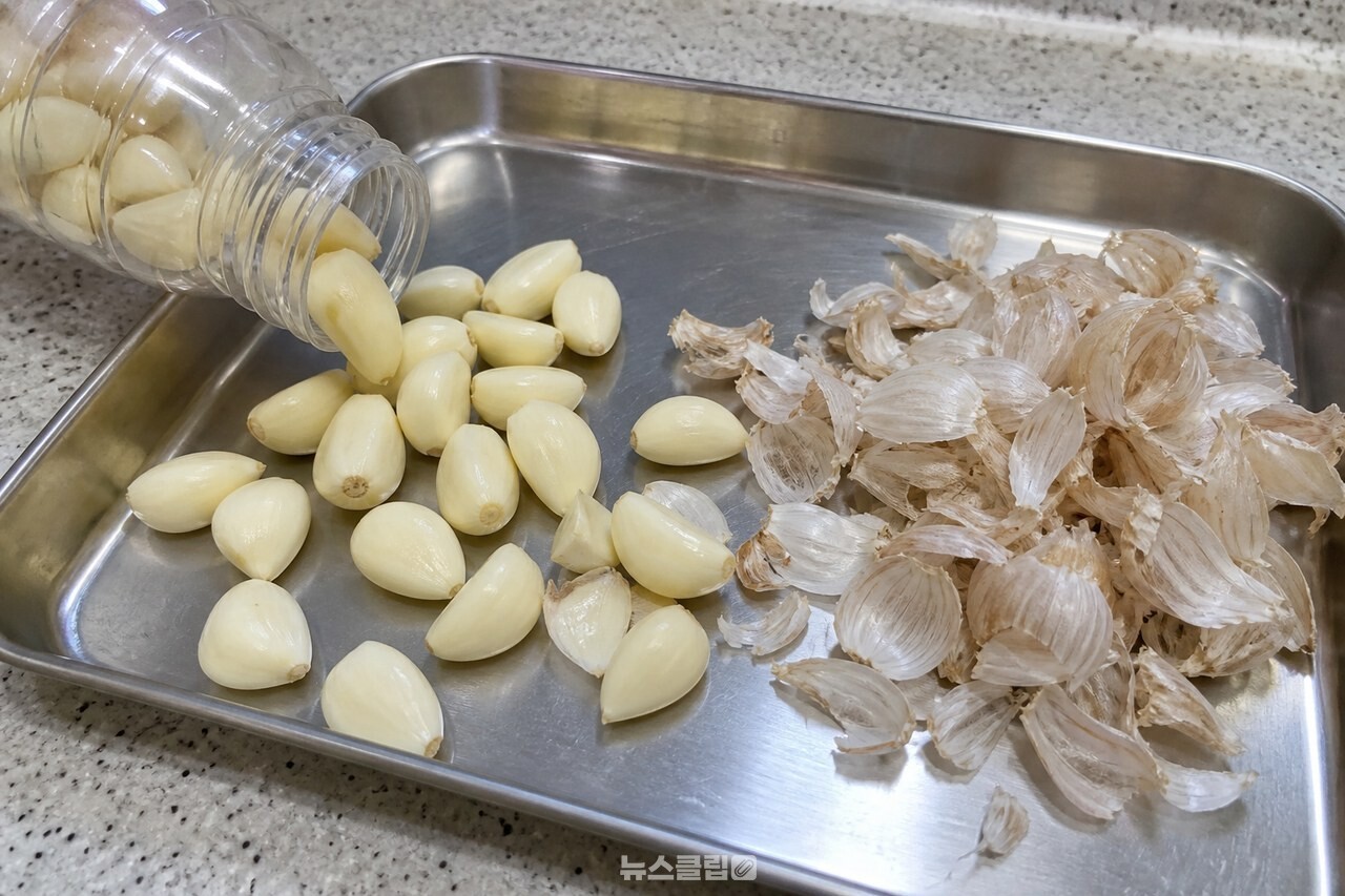 페트병에서 쏟아낸 깐 마늘과 분리된 마른 껍질 / 기사 이해를 돕기 위한 생성형 이미지