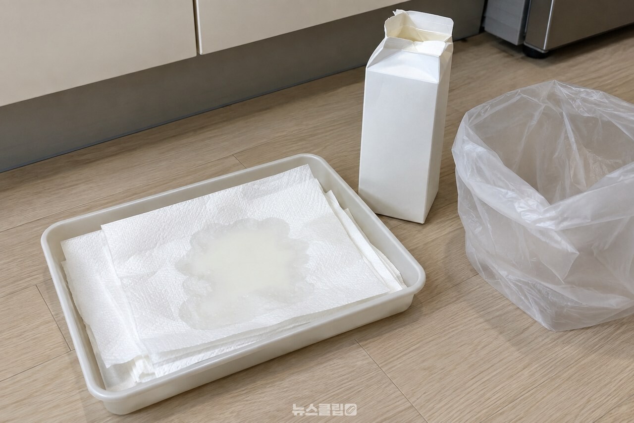 키친타월에 우유를 흡수시켜 일반 쓰레기로 버리기 전 준비한 장면 / 기사 이해를 돕기 위한 생성형 이미지
