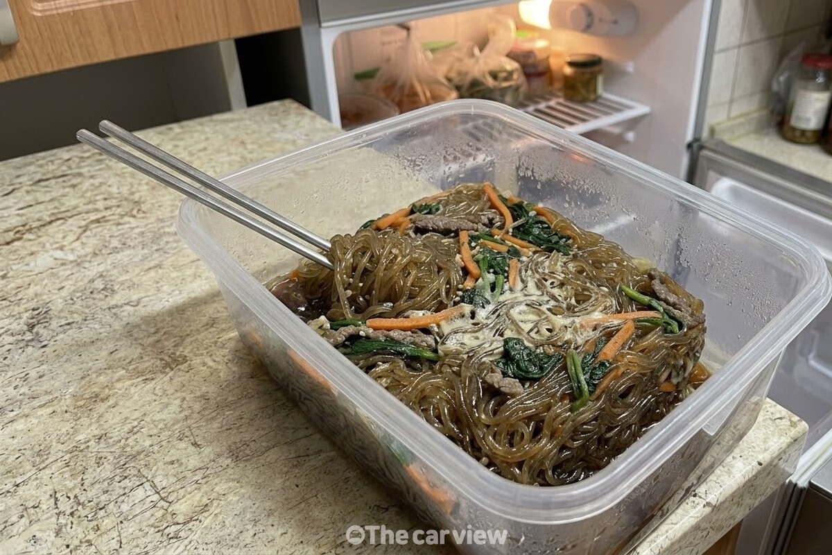 냉장고에서 꺼낸 반찬통 안에서 당면과 기름이 엉겨 한 덩어리로 굳어 있는 잡채. / 기사 이해를 돕기 위한 생성형 이미지