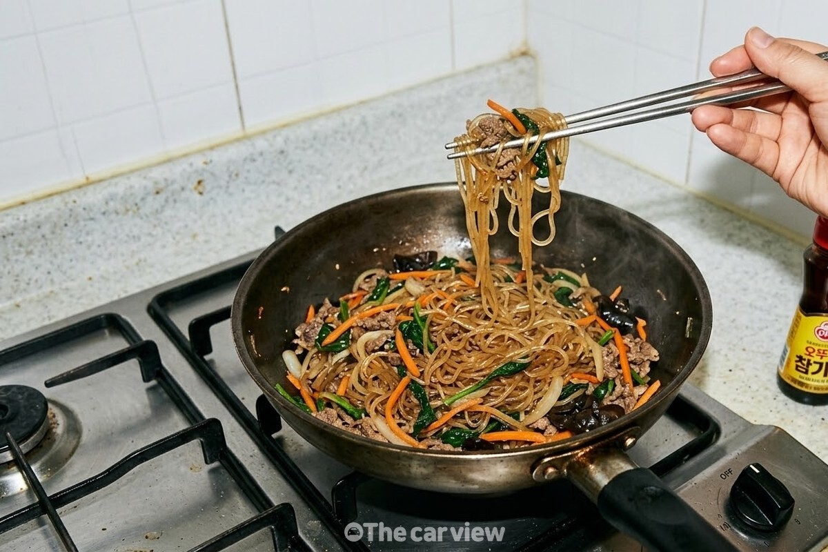 젓가락으로 집어 올렸을 때 한 가닥씩 떨어지는, 다 볶아진 잡채. / 기사 이해를 돕기 위한 생성형 이미지