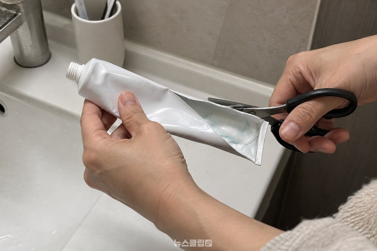 다 쓴 치약 튜브를 가위로 열어 안쪽에 남은 치약을 확인하는 모습 / 기사 이해를 돕기 위한 생성형 이미지