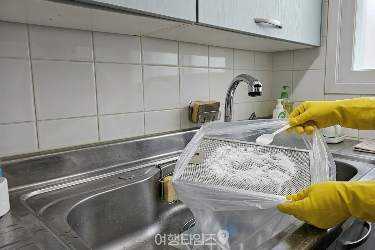 싱크대에 펼친 큰 비닐봉지 안에 후드 필터를 눕히고 과탄산소다를 뿌린 모습. / 기사 이해를 돕기 위한 생성형 이미지