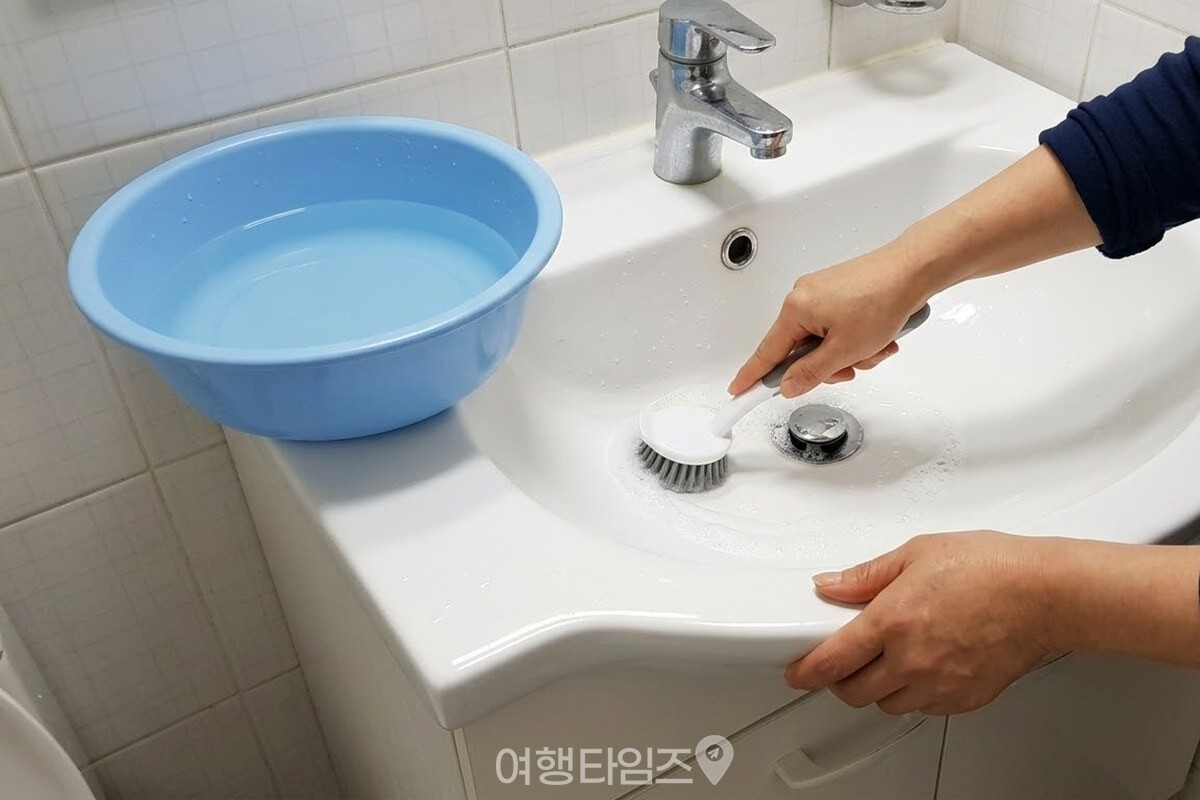 따뜻한 물에 주방세제를 푼 물을 묻힌 솔로 흰 세면대 배수구 둘레를 문지르는 모습. / 기사 이해를 돕기 위한 생성형 이미지
