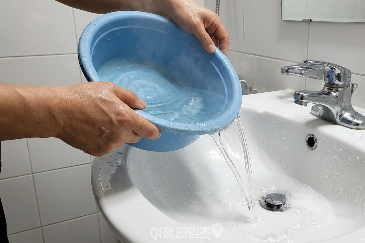 바가지로 따뜻한 물을 부어 세면대에 남은 거품을 헹궈 내는 모습. / 기사 이해를 돕기 위한 생성형 이미지