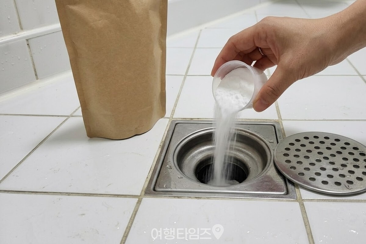 흰 계량컵에 담은 베이킹소다를 열어 둔 배수구 안으로 붓고 있다. / 기사 이해를 돕기 위한 생성형 이미지