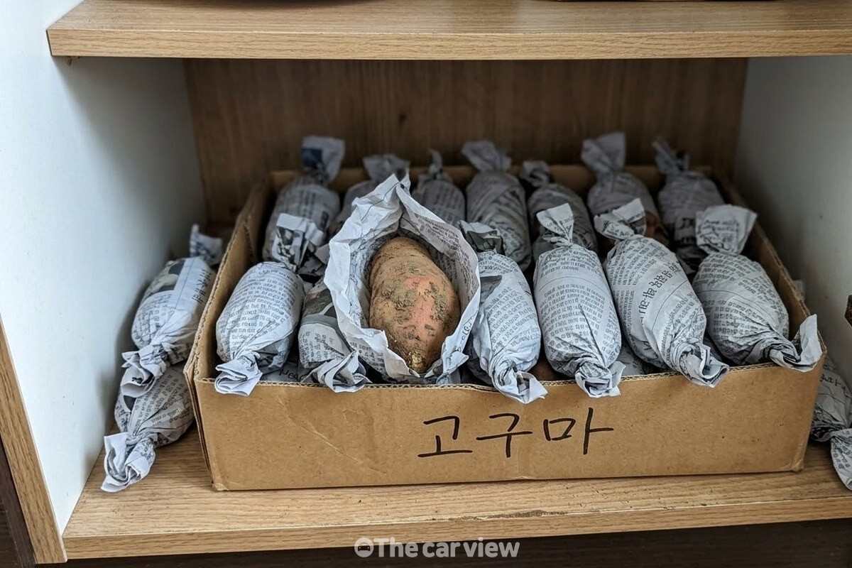 신문지로 한 개씩 싼 생고구마를 종이 상자에 한 겹으로 담아 실내 수납장에 넣어 둔 모습. / 기사 이해를 돕기 위한 생성형 이미지