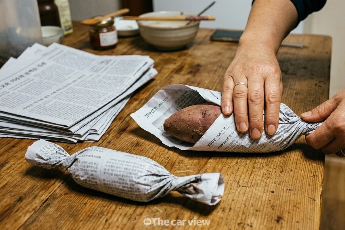 반으로 자른 신문지에 고구마 한 개를 올려 감싼 뒤 양 끝을 사탕 포장처럼 말아 접는 손. / 기사 이해를 돕기 위한 생성형 이미지