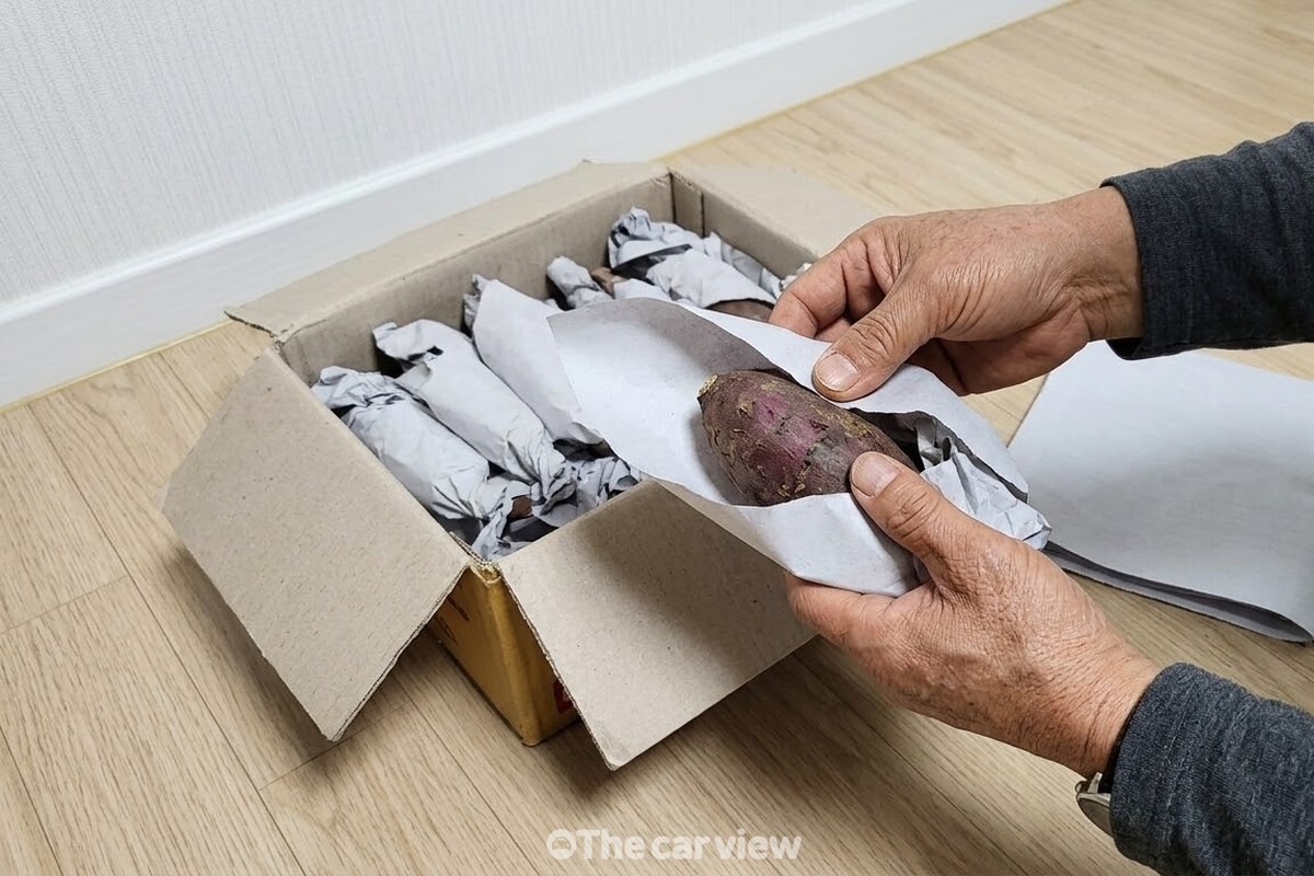 신문지를 벗겨 손으로 쥐어 보며 고구마의 단단함을 확인하고, 옆에 새 신문지를 준비해 둔 점검 장면. / 기사 이해를 돕기 위한 생성형 이미지