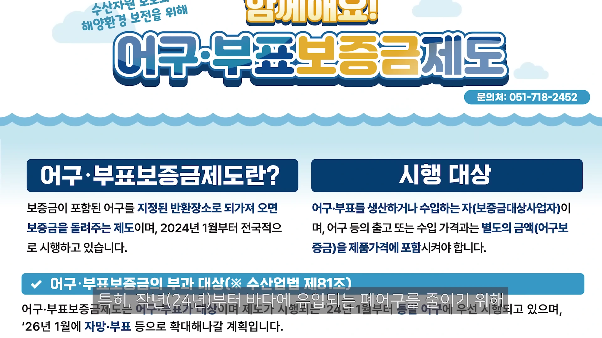 파란색과 흰색이 섞인 배경 위에 '어구·부표보증금제도'라는 제목과 제도의 정의 및 시행 대상을 설명하는 정보성 그래픽 이미지