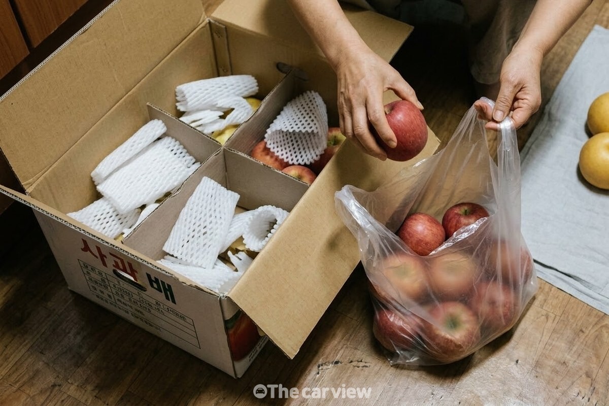 상자에서 사과만 골라 따로 봉지에 담고 배와 단감은 반대쪽에 옮겨 둔 분리 작업. / 기사 이해를 돕기 위한 생성형 이미지