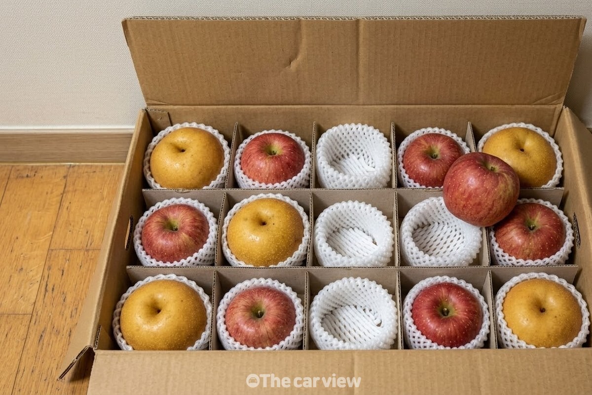 추석 선물 상자 뚜껑을 열고 사과와 배가 한 칸에 섞여 담긴 상태를 내려다본 모습. / 기사 이해를 돕기 위한 생성형 이미지