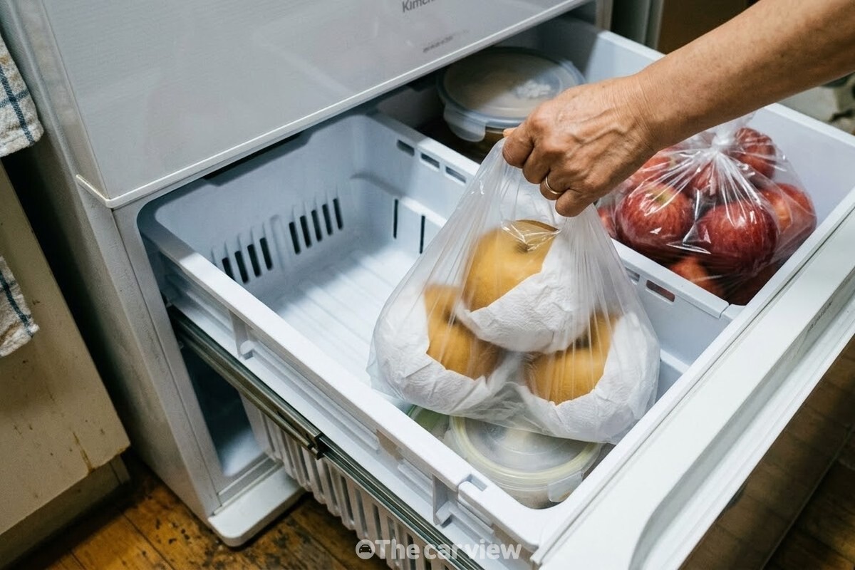 키친타월로 싼 배를 담은 비닐봉지 입구를 묶지 않고 느슨하게 접어 김치냉장고 서랍에 넣는 모습. / 기사 이해를 돕기 위한 생성형 이미지