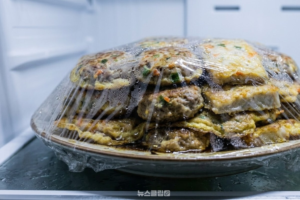 랩을 씌운 접시 안쪽에 물방울이 맺히고 전끼리 눌려 붙은 상태. / 기사 이해를 돕기 위한 생성형 이미지