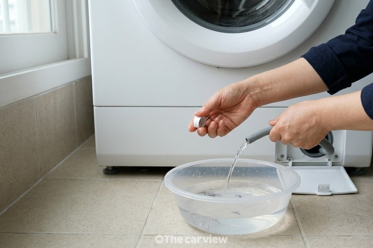 필터 옆 가는 배수 호스의 마개를 열어 남은 물을 그릇에 천천히 받아 내는 모습. / 기사 이해를 돕기 위한 생성형 이미지