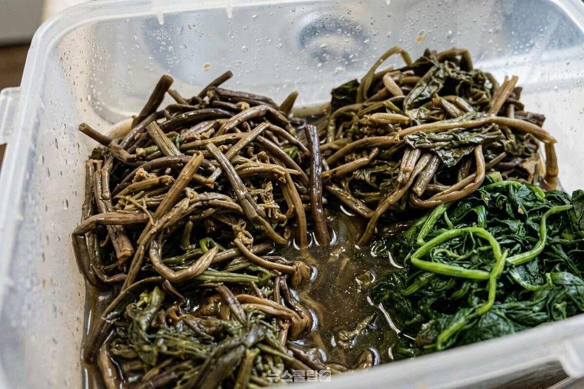 얼렸다 녹인 나물이 힘없이 늘어지고 용기 바닥에 녹은 물이 고인 상태. / 기사 이해를 돕기 위한 생성형 이미지