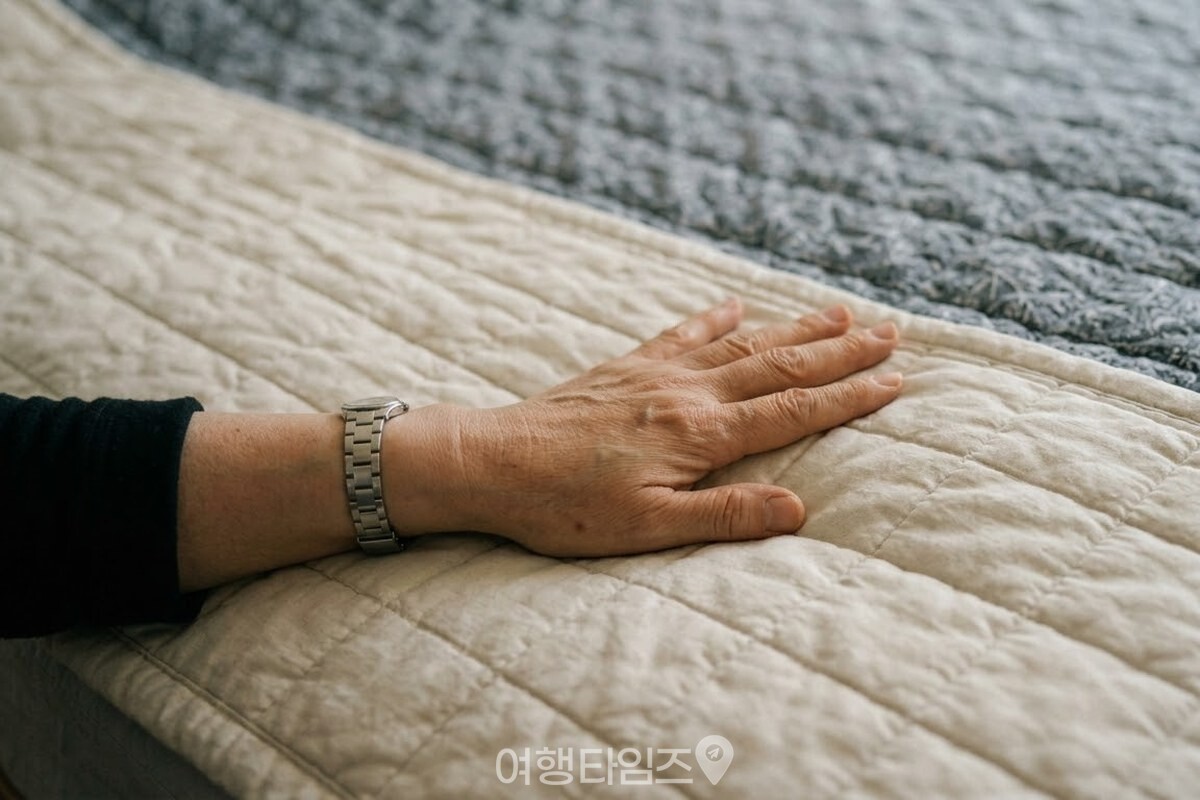 손등을 이불 안쪽 면에 대어 서늘하고 보송한지 확인하는 모습. / 기사 이해를 돕기 위한 생성형 이미지