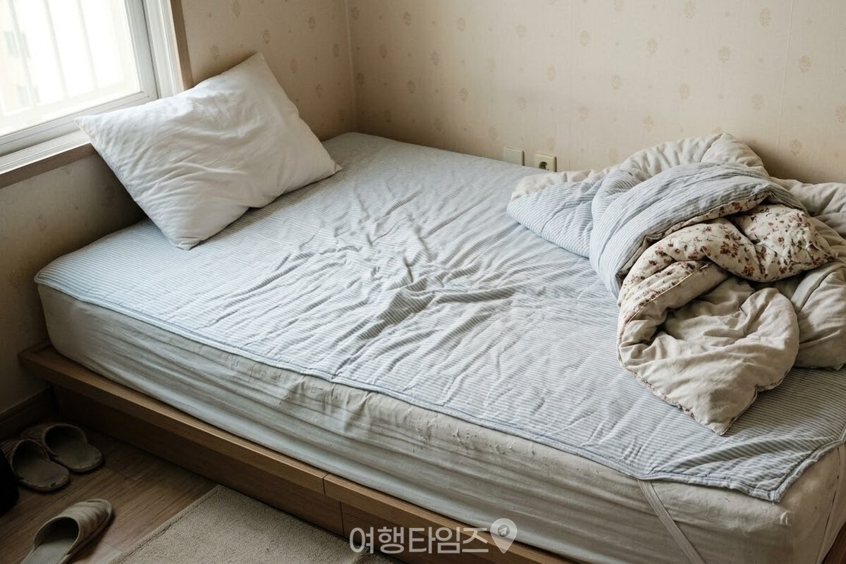 아침에 일어난 뒤 이불을 발치 쪽으로 젖혀 몸이 닿았던 안쪽 면이 위로 오게 뒤집어 둔 침대. / 기사 이해를 돕기 위한 생성형 이미지