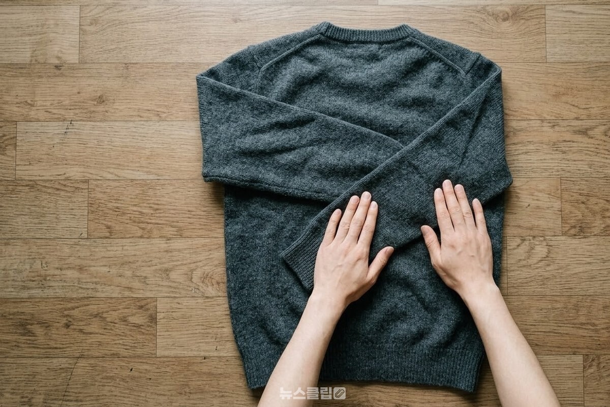 바닥에 편 니트의 소매를 몸판 안쪽으로 접어 넘기는 순간. / 기사 이해를 돕기 위한 생성형 이미지