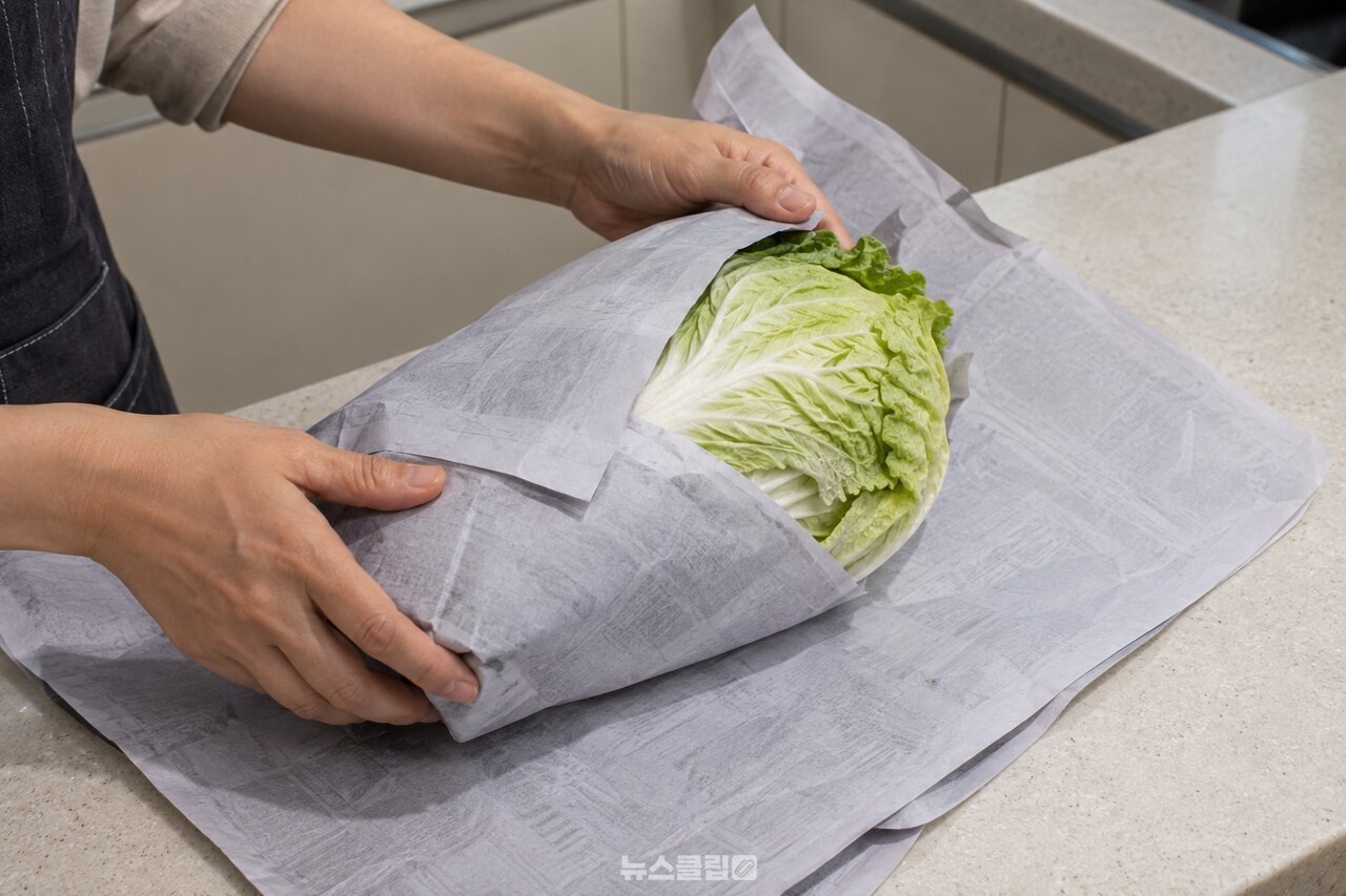 신문지 여러 장으로 통배추를 감싸는 과정 / 기사 이해를 돕기 위한 생성형 이미지