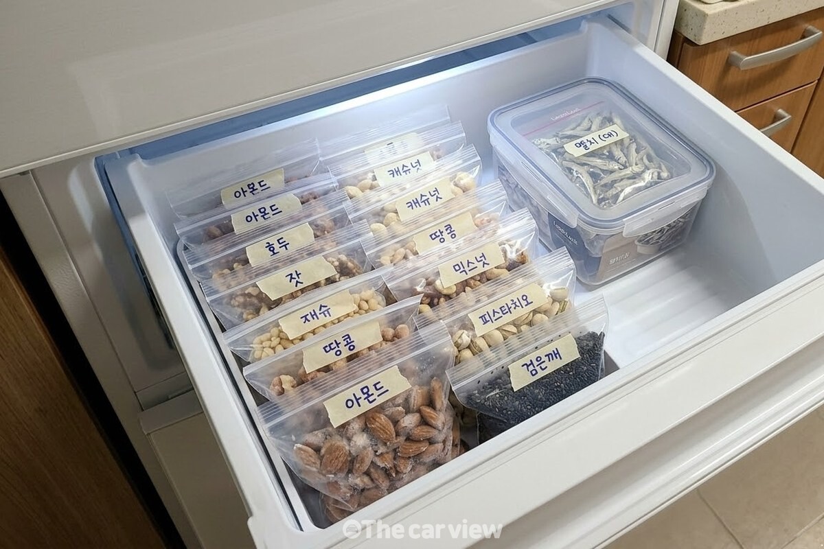 지퍼백에 견과류를 한쪽으로 몰고 눌러 공기를 빼며 입구를 잠그는 손. / 기사 이해를 돕기 위한 생성형 이미지