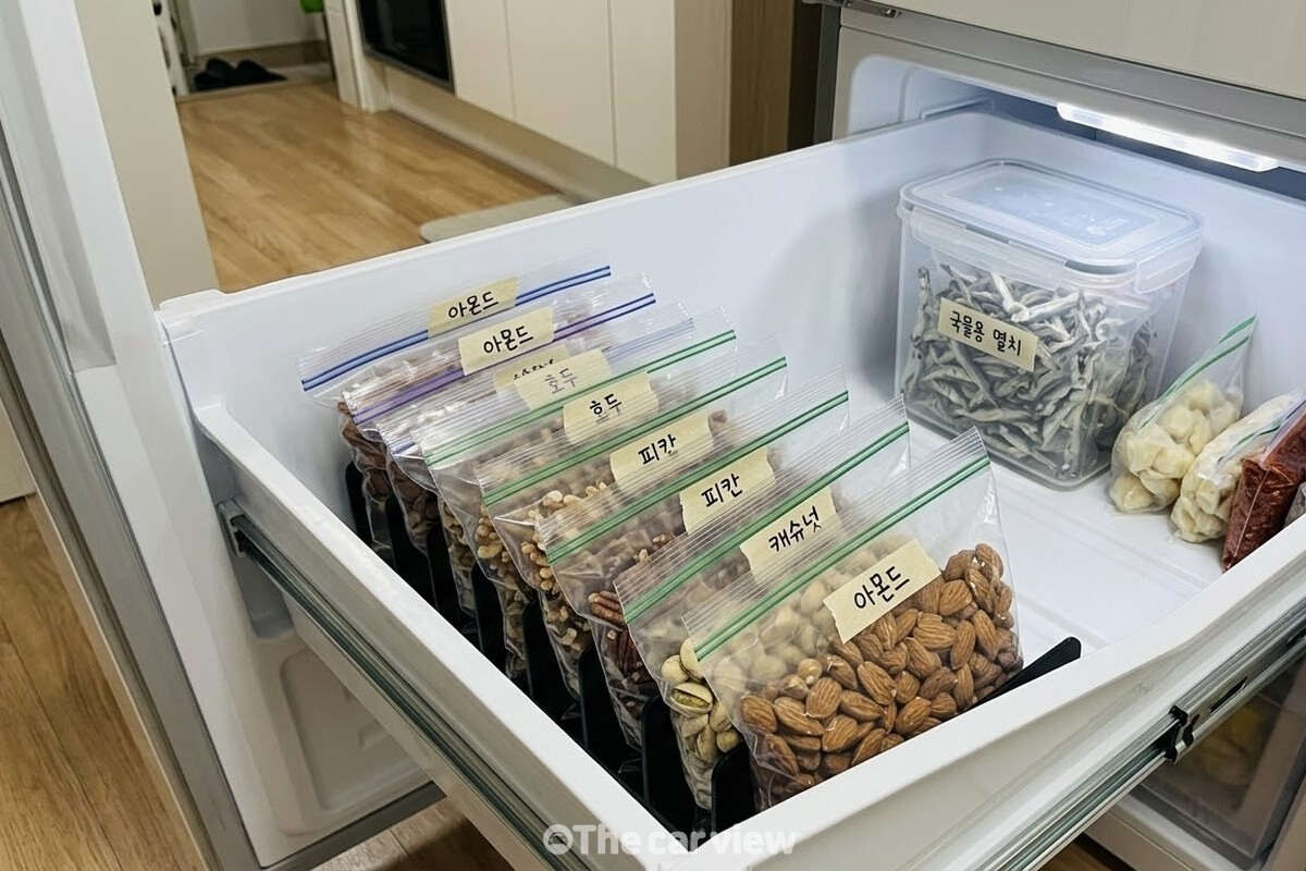 집게로 입구만 집어 냉동실 서랍에 세워 둔 견과류와 멸치 봉지. / 기사 이해를 돕기 위한 생성형 이미지