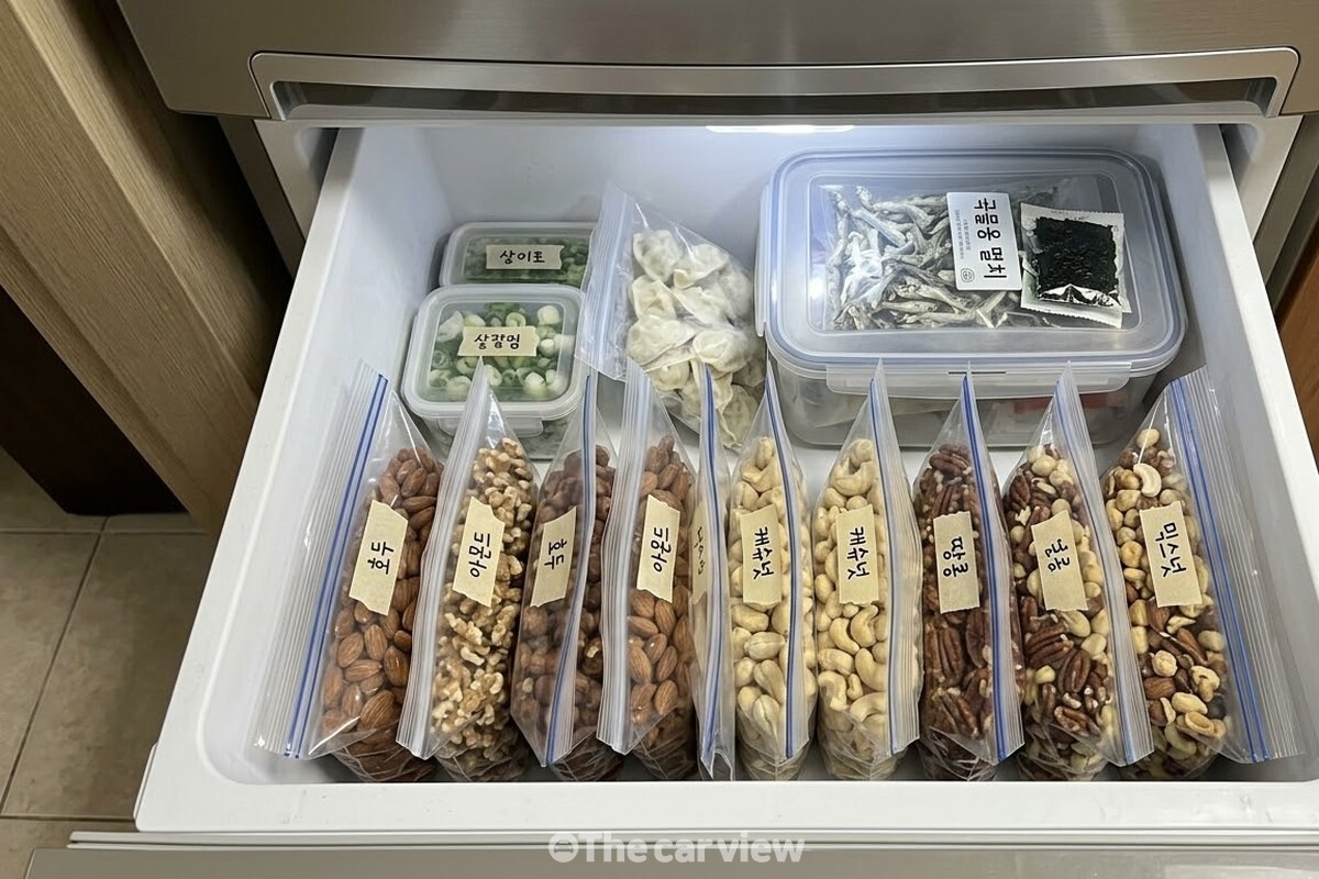 날짜순으로 세워 정리한 소분 지퍼백과 밀폐용기가 놓인 냉동실 서랍. / 기사 이해를 돕기 위한 생성형 이미지
