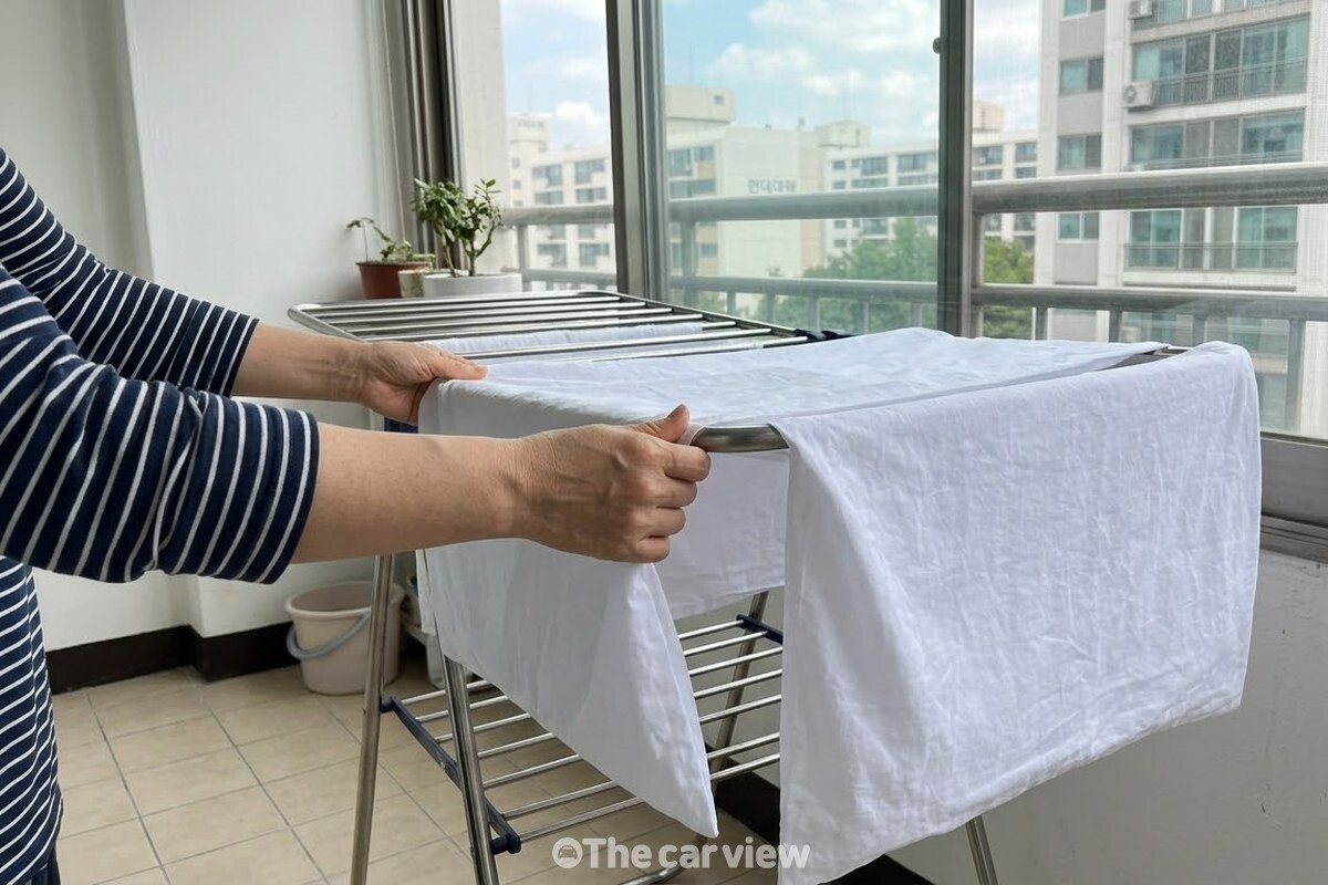 빨아 낸 흰 베갯잇을 접이식 건조대에 펼쳐 널어 창가 햇볕에 말리고 있다. / 기사 이해를 돕기 위한 생성형 이미지