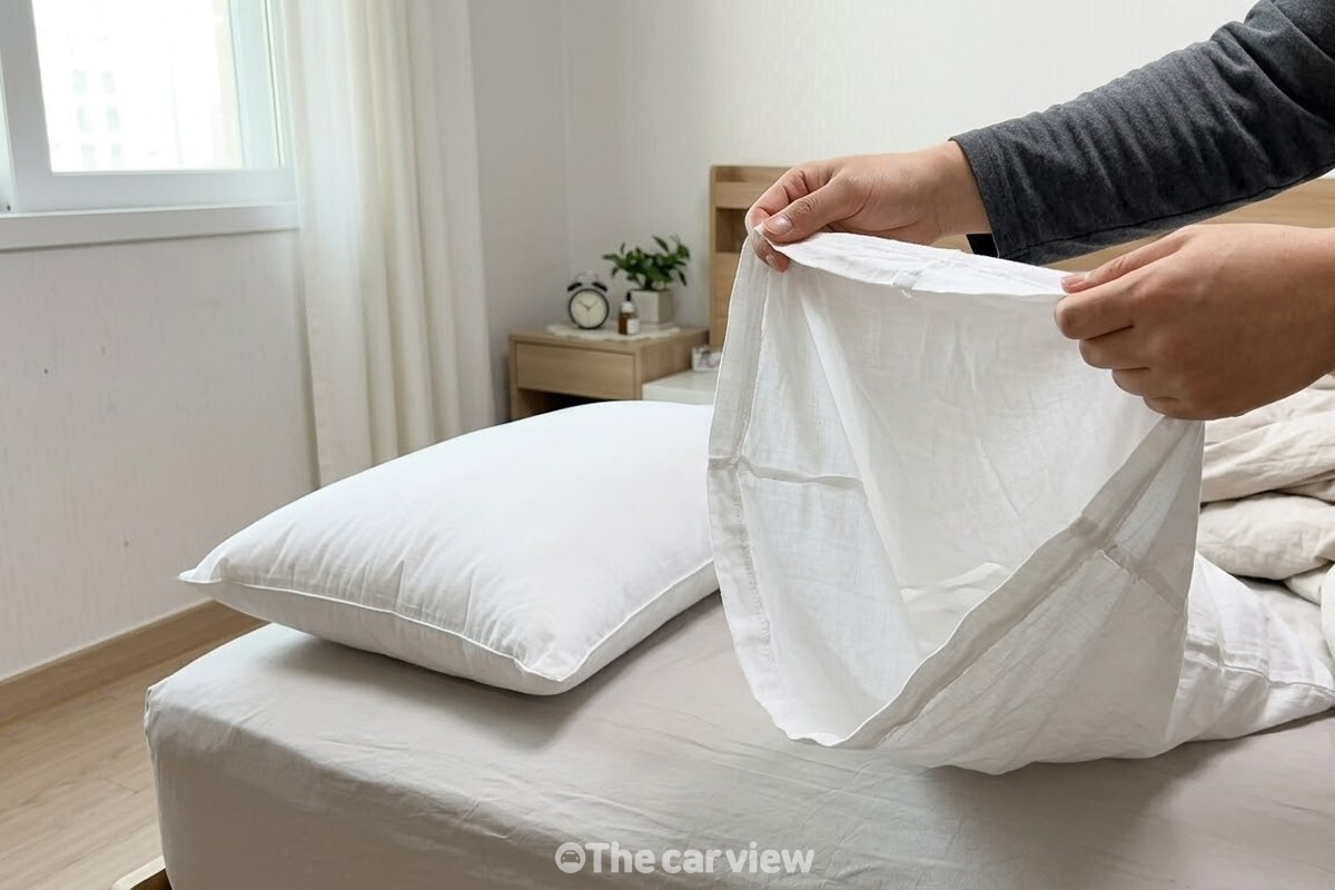 베개에서 벗겨 낸 흰 베갯잇을 안쪽 면이 보이게 뒤집어 침대 위에 펼쳐 놓았다. / 기사 이해를 돕기 위한 생성형 이미지