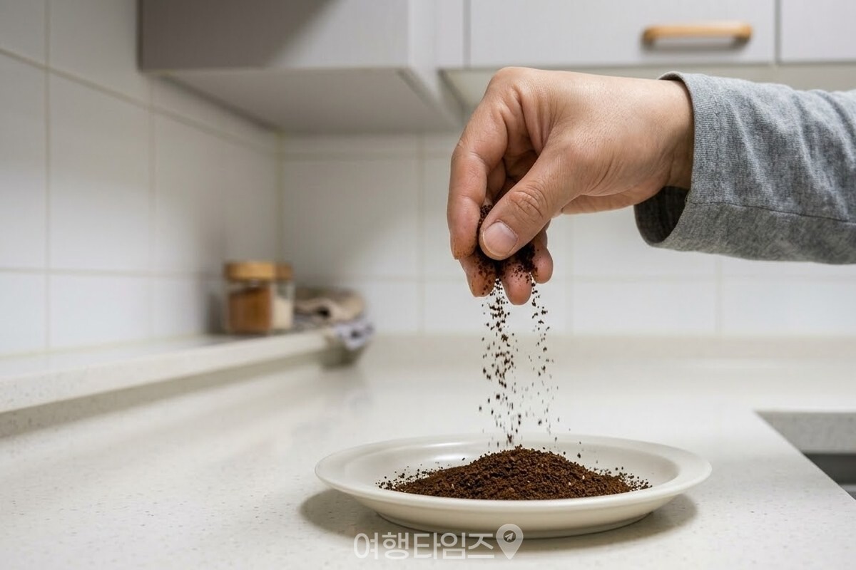 다 마른 커피 찌꺼기를 손가락으로 집어 부슬부슬 흘려 보며 상태를 확인하는 모습. / 기사 이해를 돕기 위한 생성형 이미지