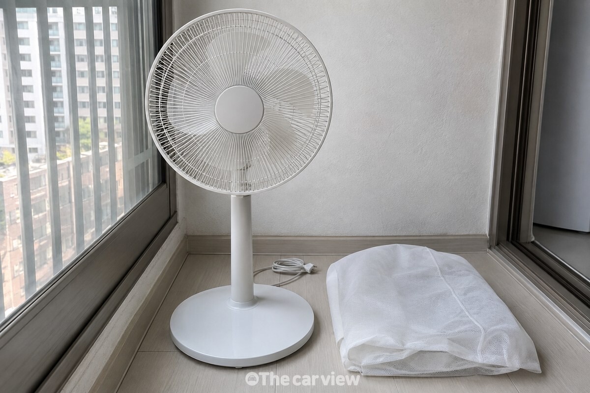 세척을 마친 선풍기와 보관에 쓸 부직포 커버 / 기사 이해를 돕기 위한 생성형 이미지