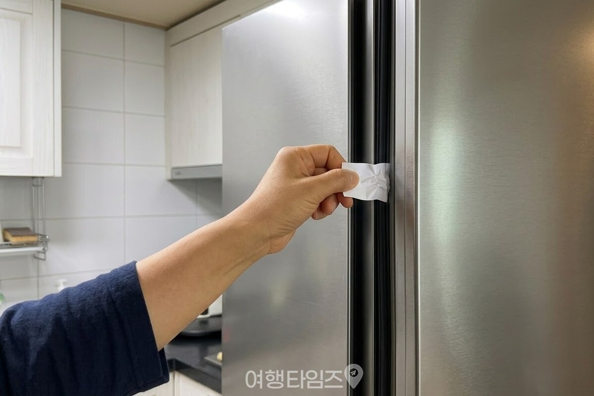 닫힌 냉장고 문 틈에 종이 한 장을 끼우고 손으로 살짝 당겨 보는 모습. / 기사 이해를 돕기 위한 생성형 이미지
