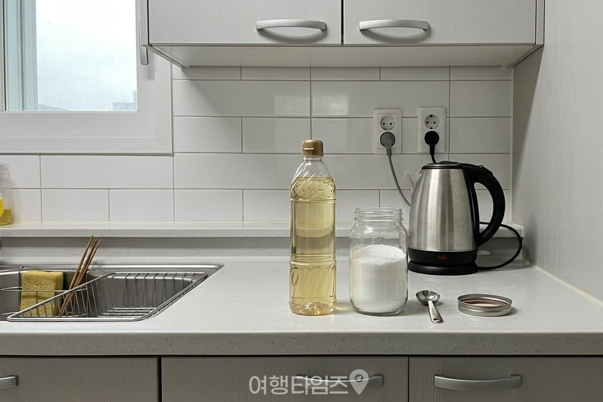 식초병과 구연산 가루 통이 주방 조리대에 나란히 놓여 있고, 그 옆에 전기포트가 서 있다. / 기사 이해를 돕기 위한 생성형 이미지
